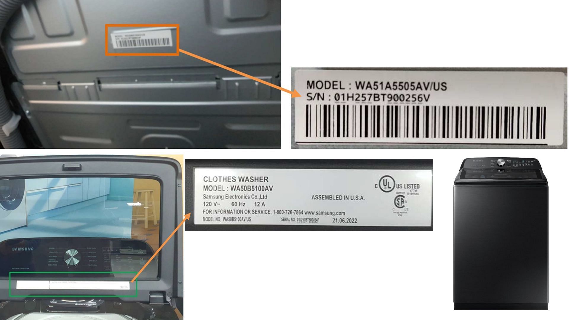 where to find the model and series numbers on the machines under the Samsung washing machine recall (Image via CPSC)