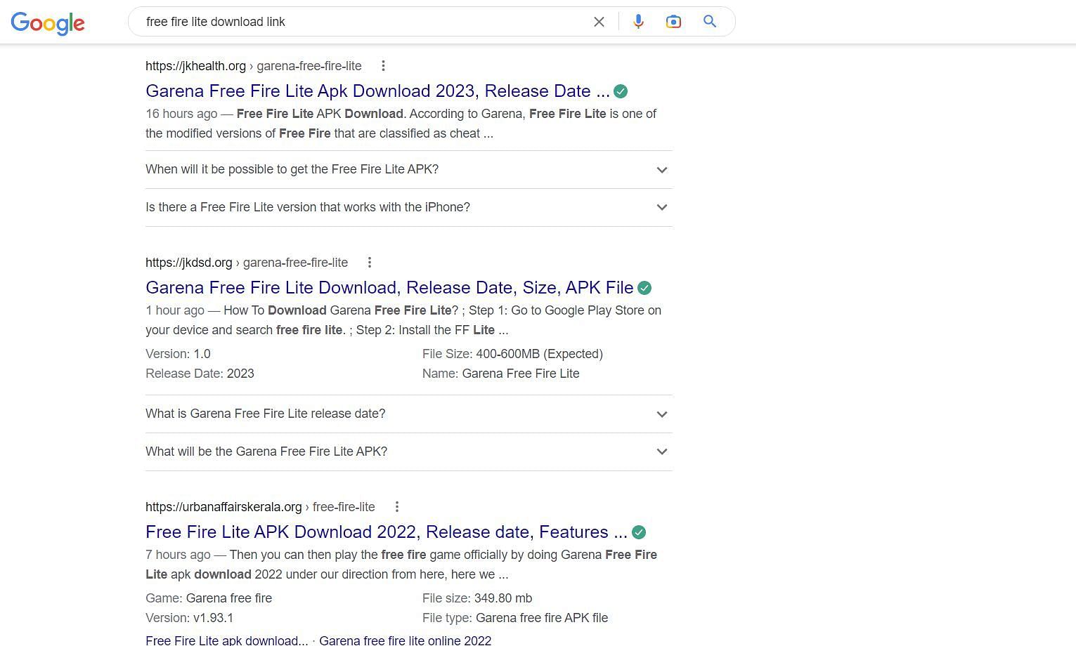Fake FF Lite download links are listed on several sites (Image via Google)