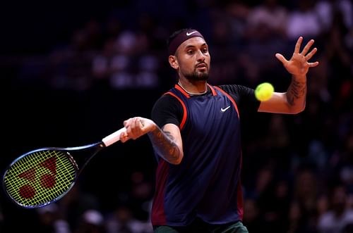 Kyrgios in action at the World Tennis League in Dubai