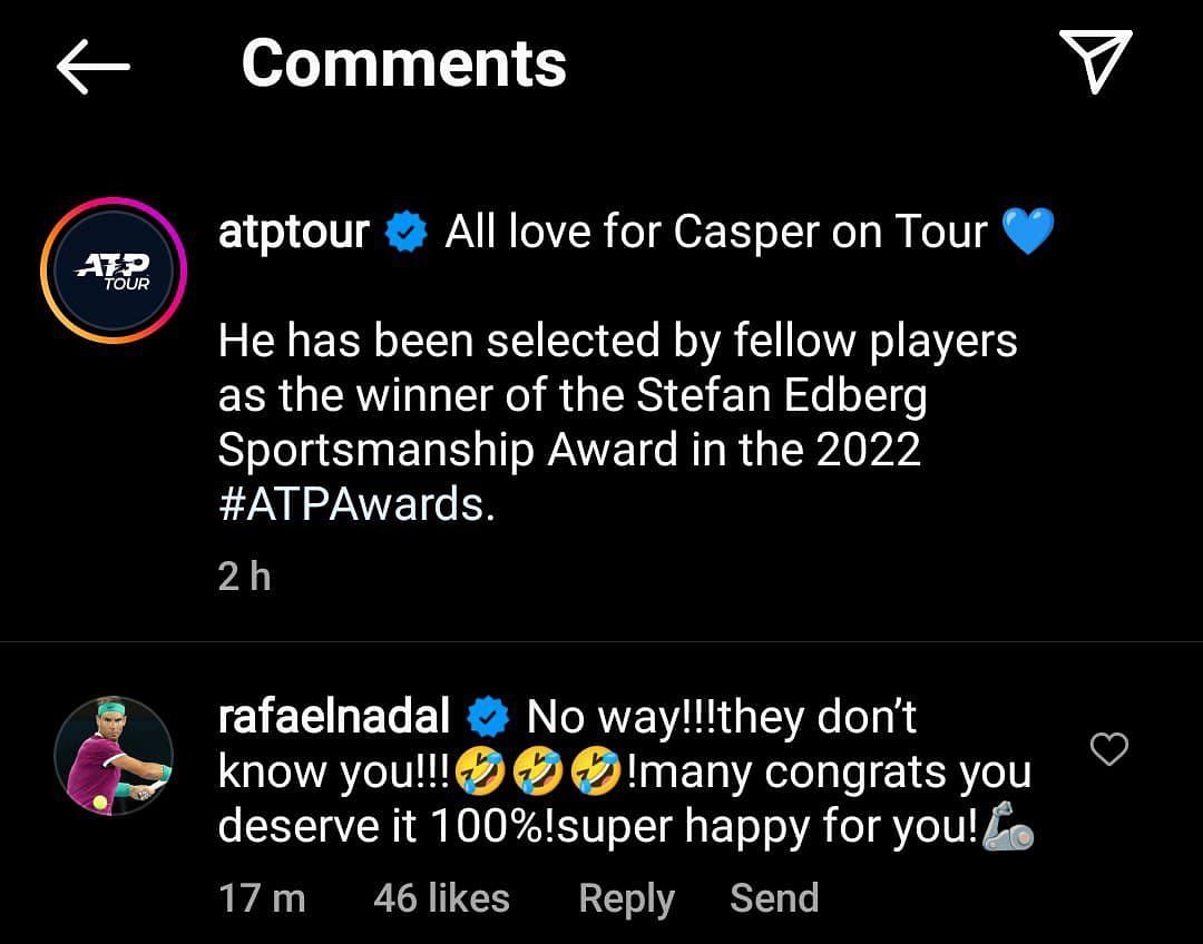 Rafael Nadal congratulates Casper Ruud.
