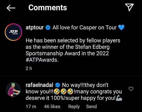 Rafael Nadal congratulates Casper Ruud.