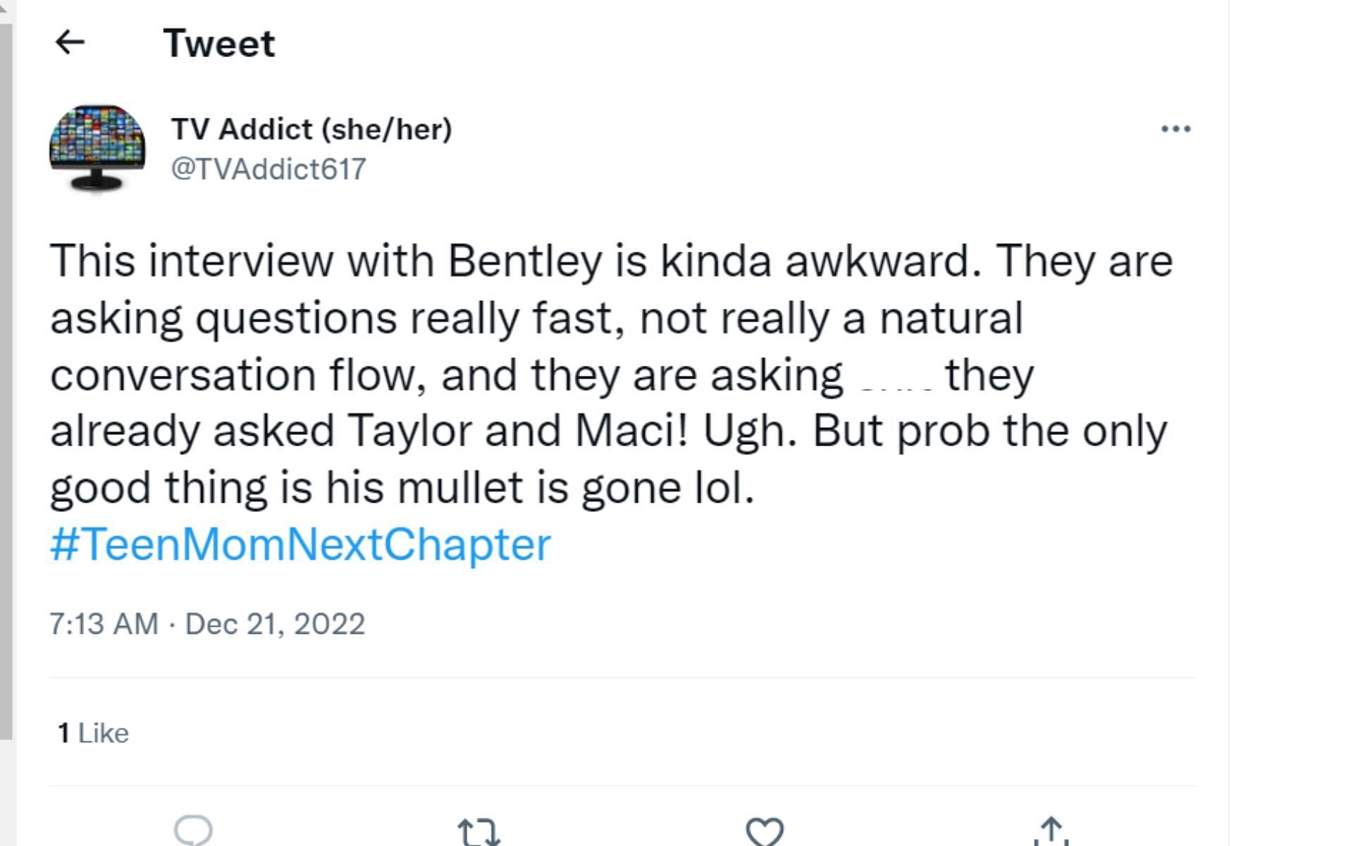 Did the hosts make Bentley uncomfortable? (Image via TVAddict617/Twitter)