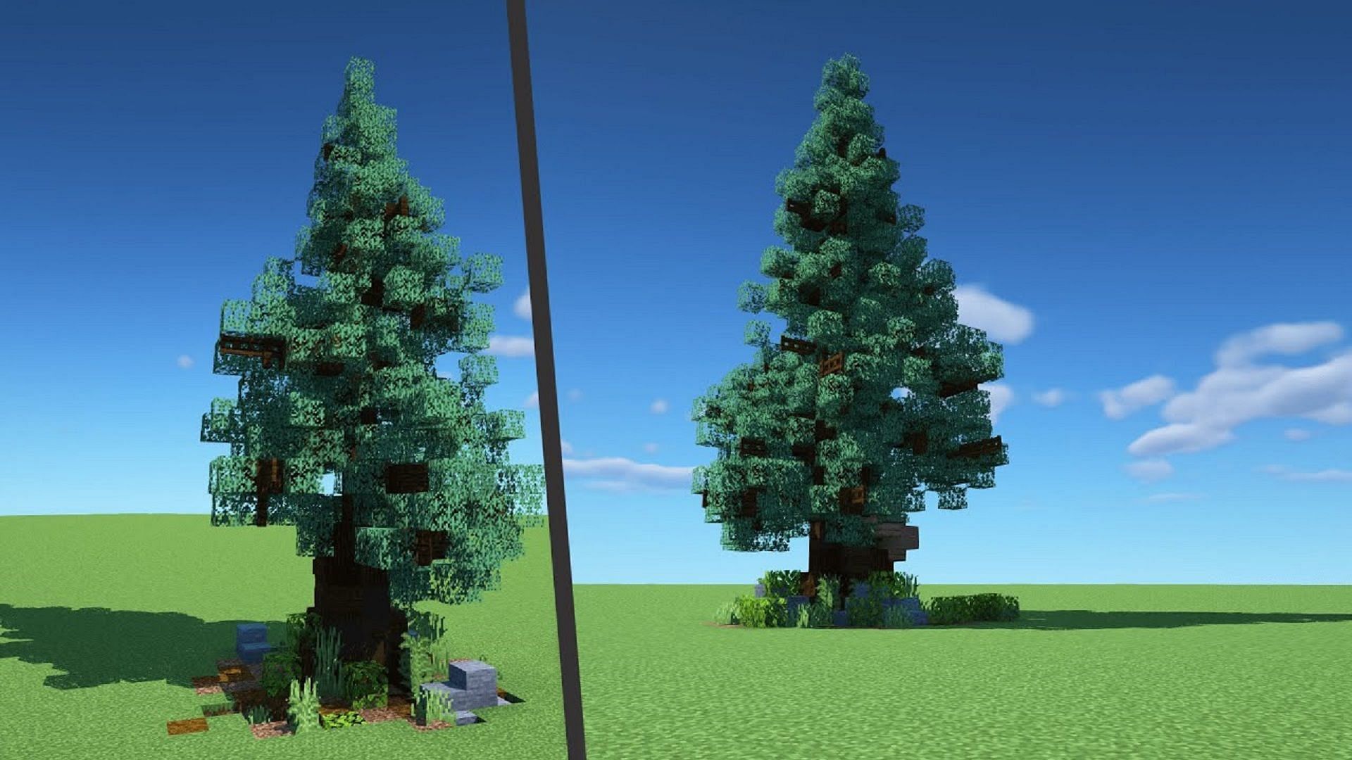 With some extra wood, leaves, and some fence posts, players can make a vastly improved spruce tree (Image via Osteost/YouTube)