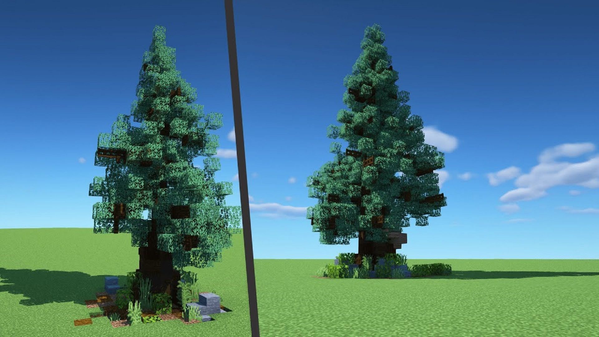 With some extra wood, leaves, and some fence posts, players can make a vastly improved spruce tree (Image via Osteost/YouTube)