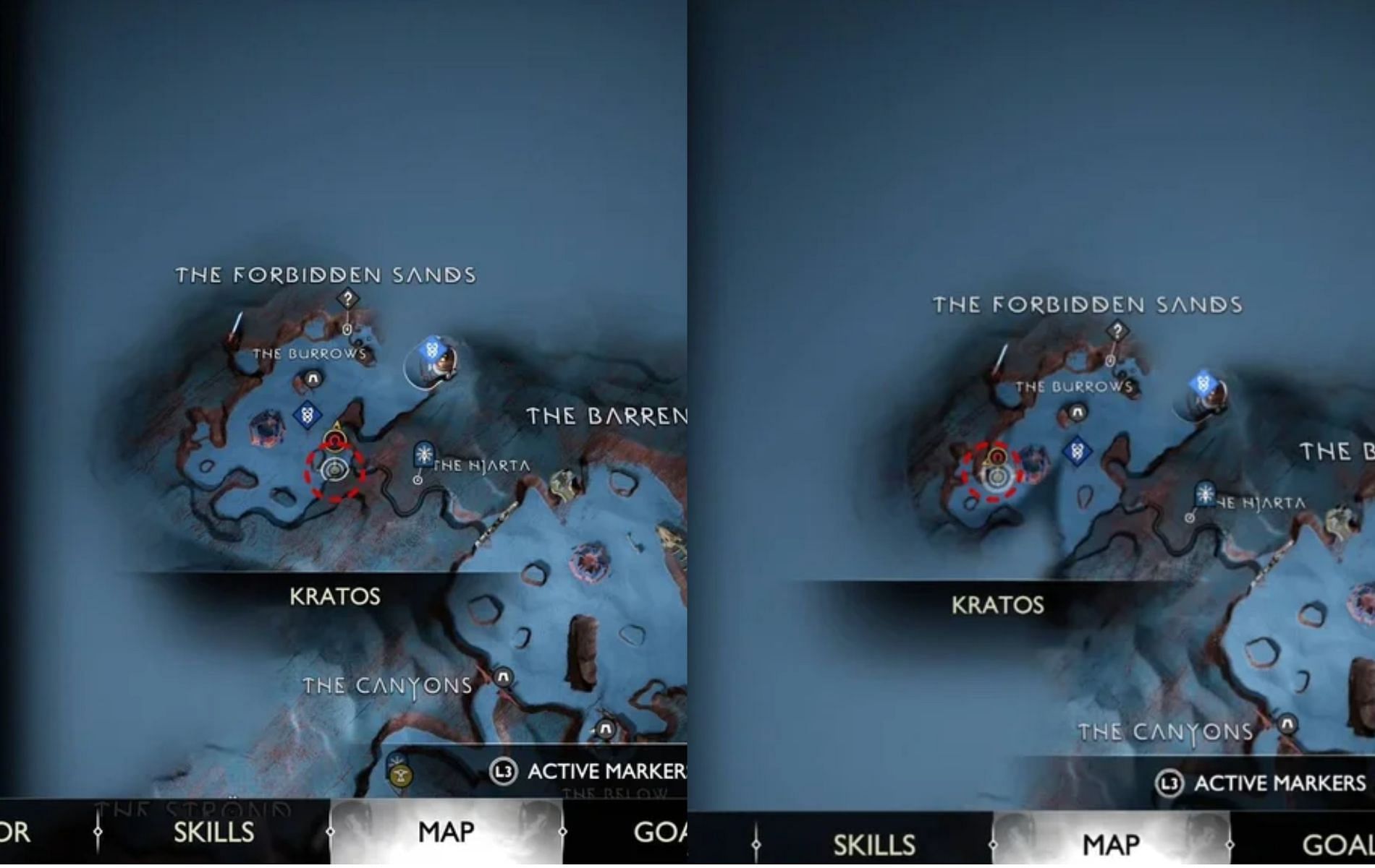 Head to the red marker shown on both the images to locate the missing key pieces in the Forbidden Sands region (Images via Santa Monica Studio)