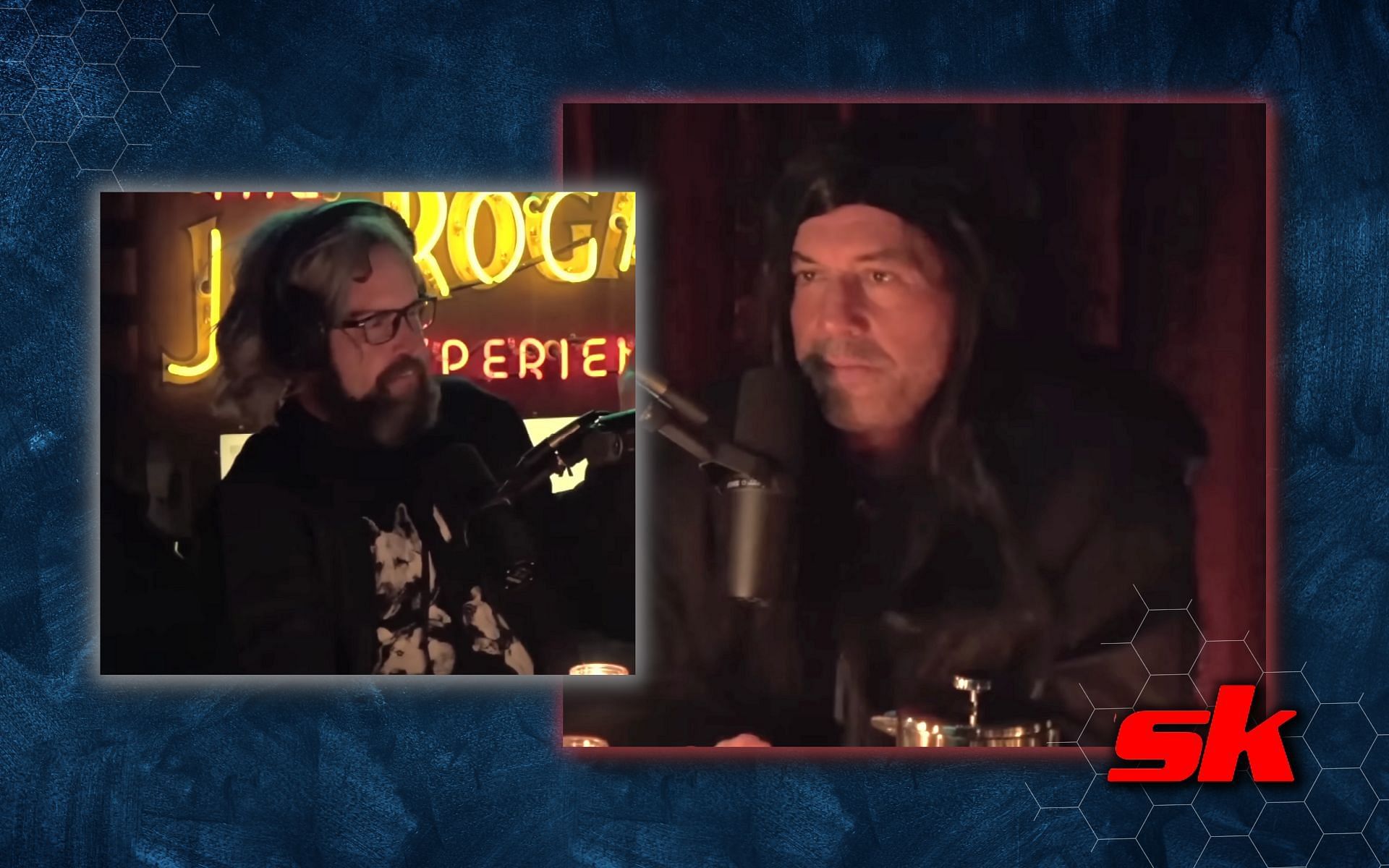 Joe Rogan and Duncan Trussell dress up and discuss crazy extinction theories&quot;. [Image credits: YouTube/JRE&amp;theFam.]