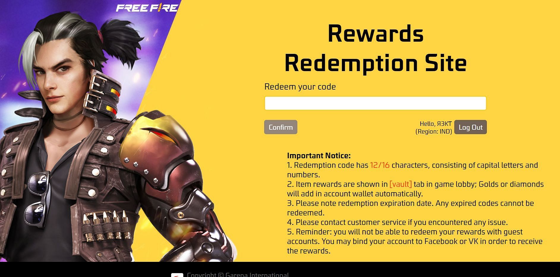 Garena Unlimited Free Fire Redeem Code 