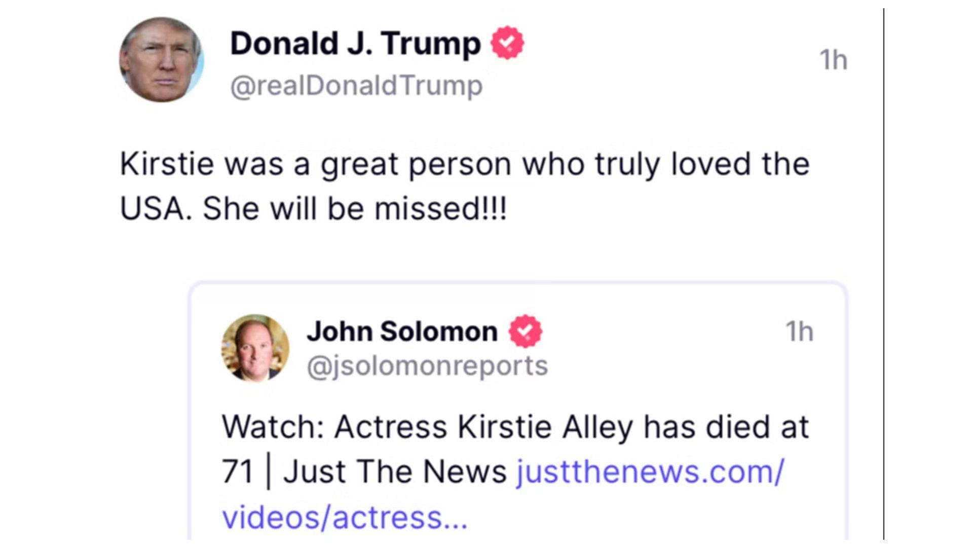 Screenshot of Donald Trump paying tribute to the late Kirstie Alley on Truth Social. (Image via The Independent)