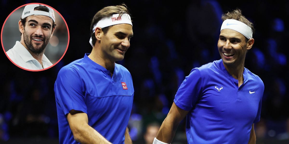 Roger Federer and Rafael Nadal at the 2022 Laver Cup; Matteo Berrettini (inset)