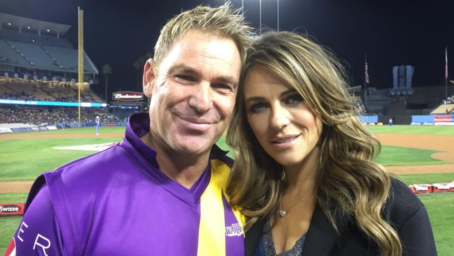 Elizabeth Hurley was engaged to Shane Warne from 2011 to 2013. (Image via @xtratimeindia/Twitter)