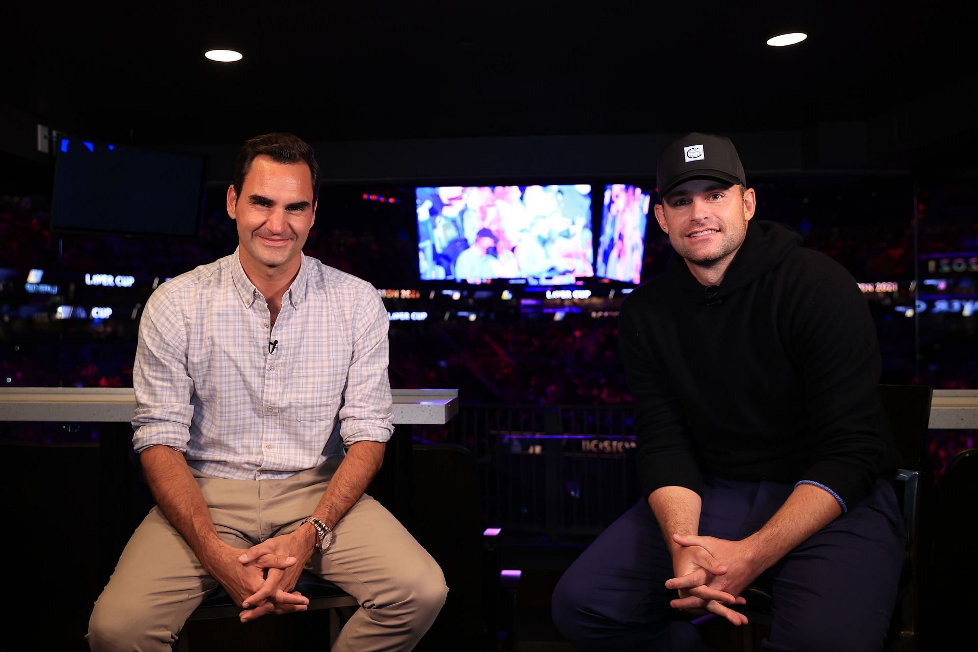 Andy Roddick pictured with Roger Federer in an interview at the 2021 Laver Cup 2021