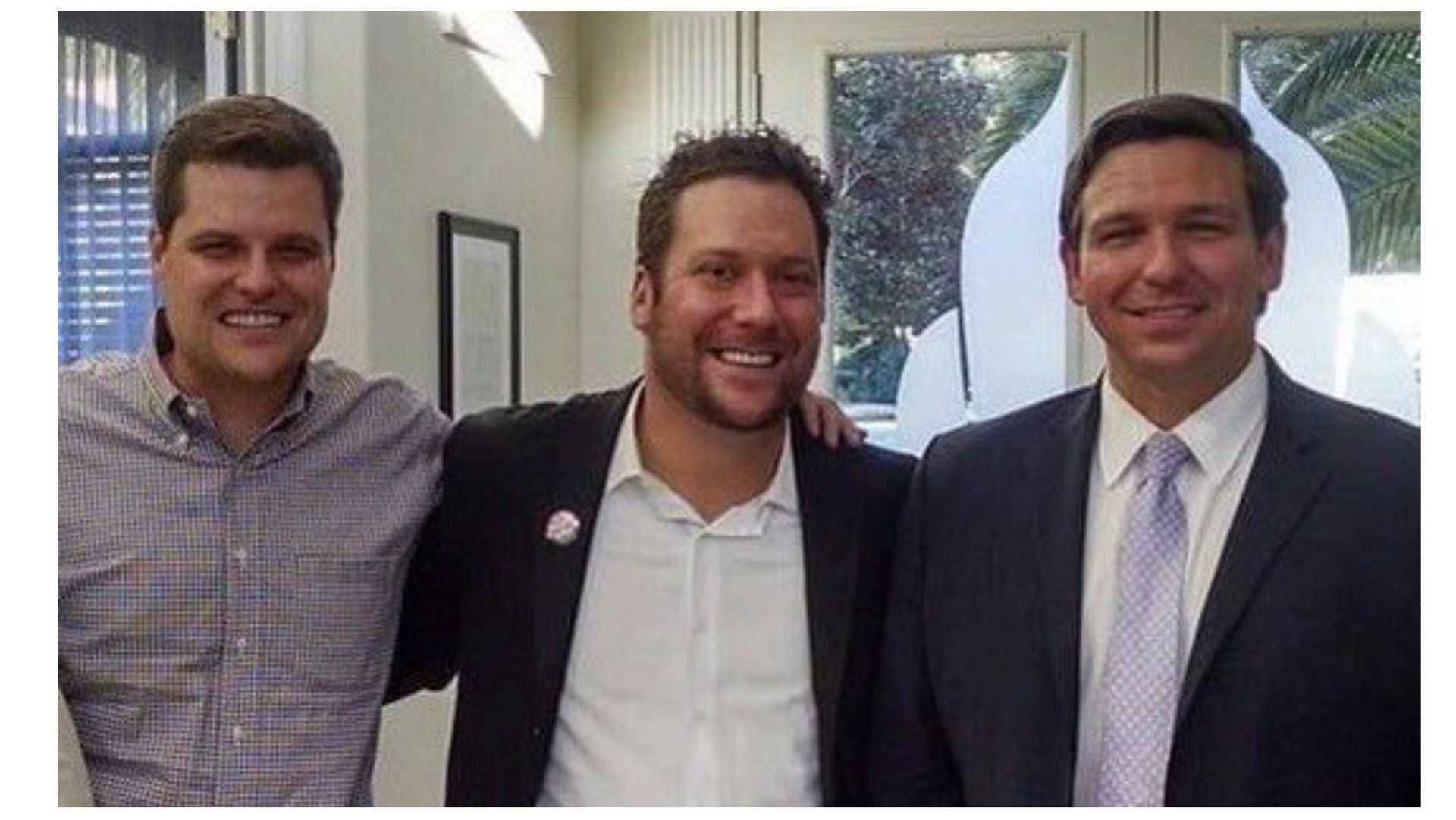 Joel Greenberg (middle) with Matt Gaetz (left) and Ron DeSantis (right). (image via @tomiahonen/Twitter)