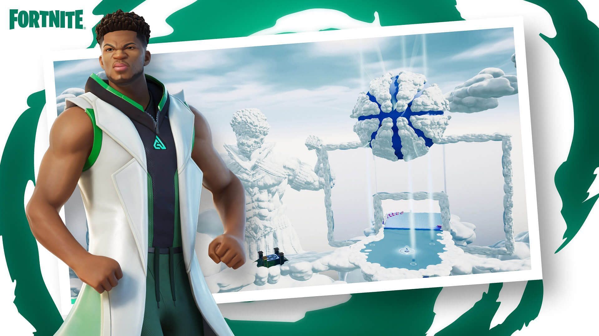 Giannis Antetokounmpo of the Milwaukee Bucks with the &quot;Dream Arena&quot; in Fortnite [Source: Epic Games]