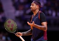 Nick Kyrgios reacts in their men's singles match against Grigor Dimitrov