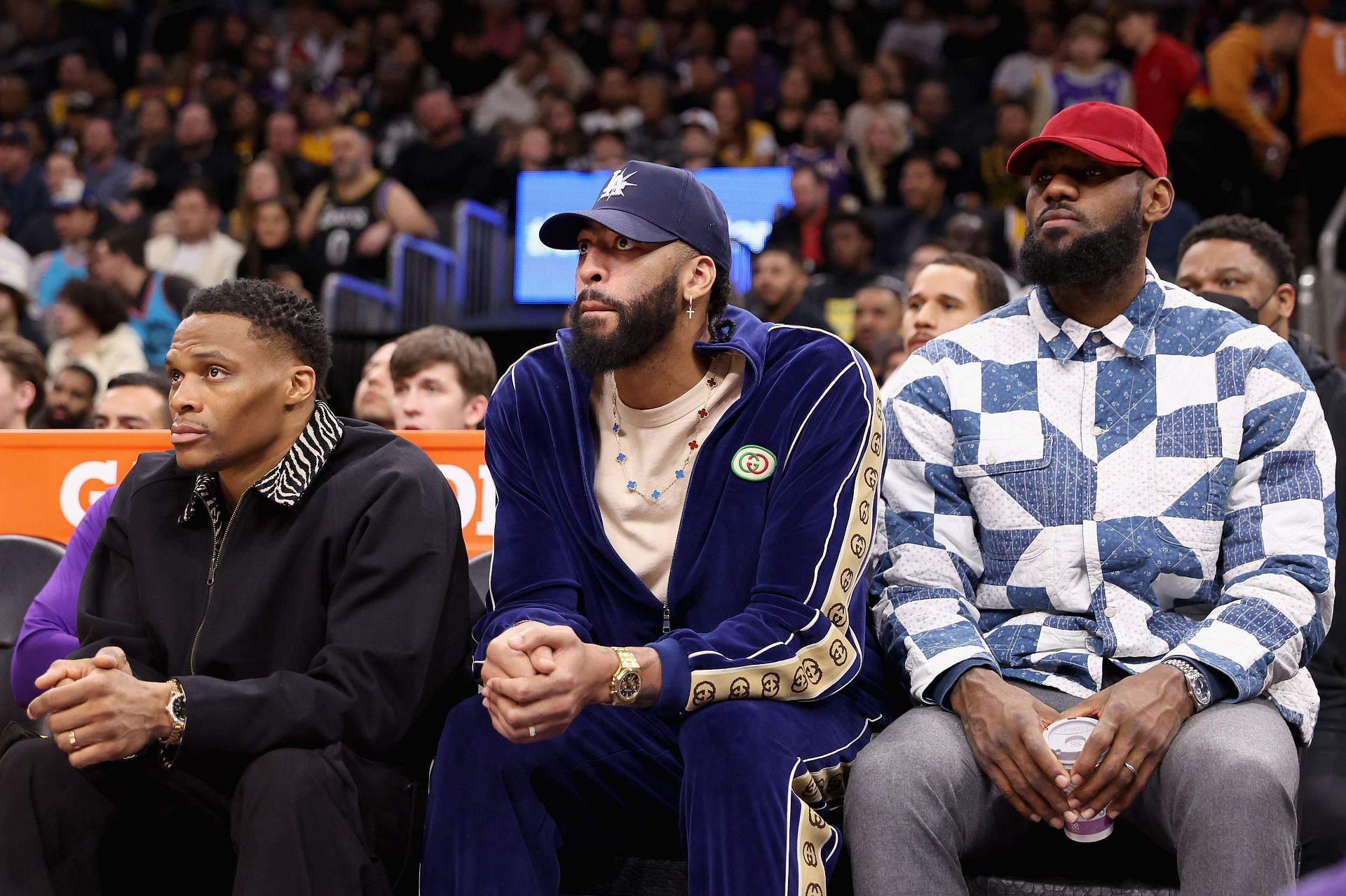Russell Westbrook, Anthony Davis and LeBron James of the LA Lakers (from left to right)