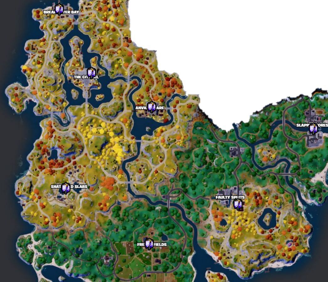 All Capture Point locations in the grassland biome of the Chapter 4 Season 1 island (Image via Fortnite.GG)