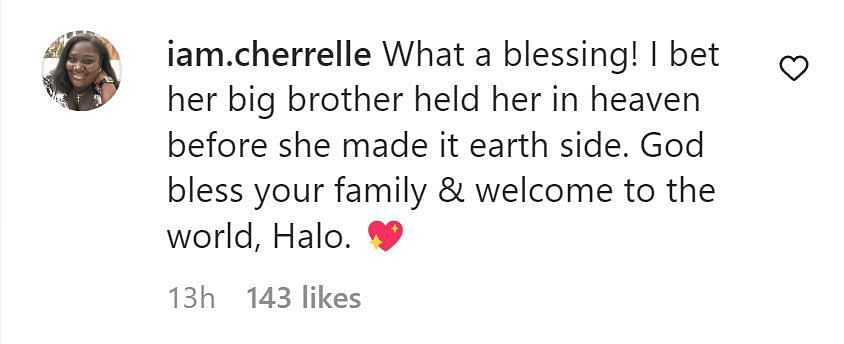 A comment welcoming Halo (Image via Instagram/ @iam.cherrelle)