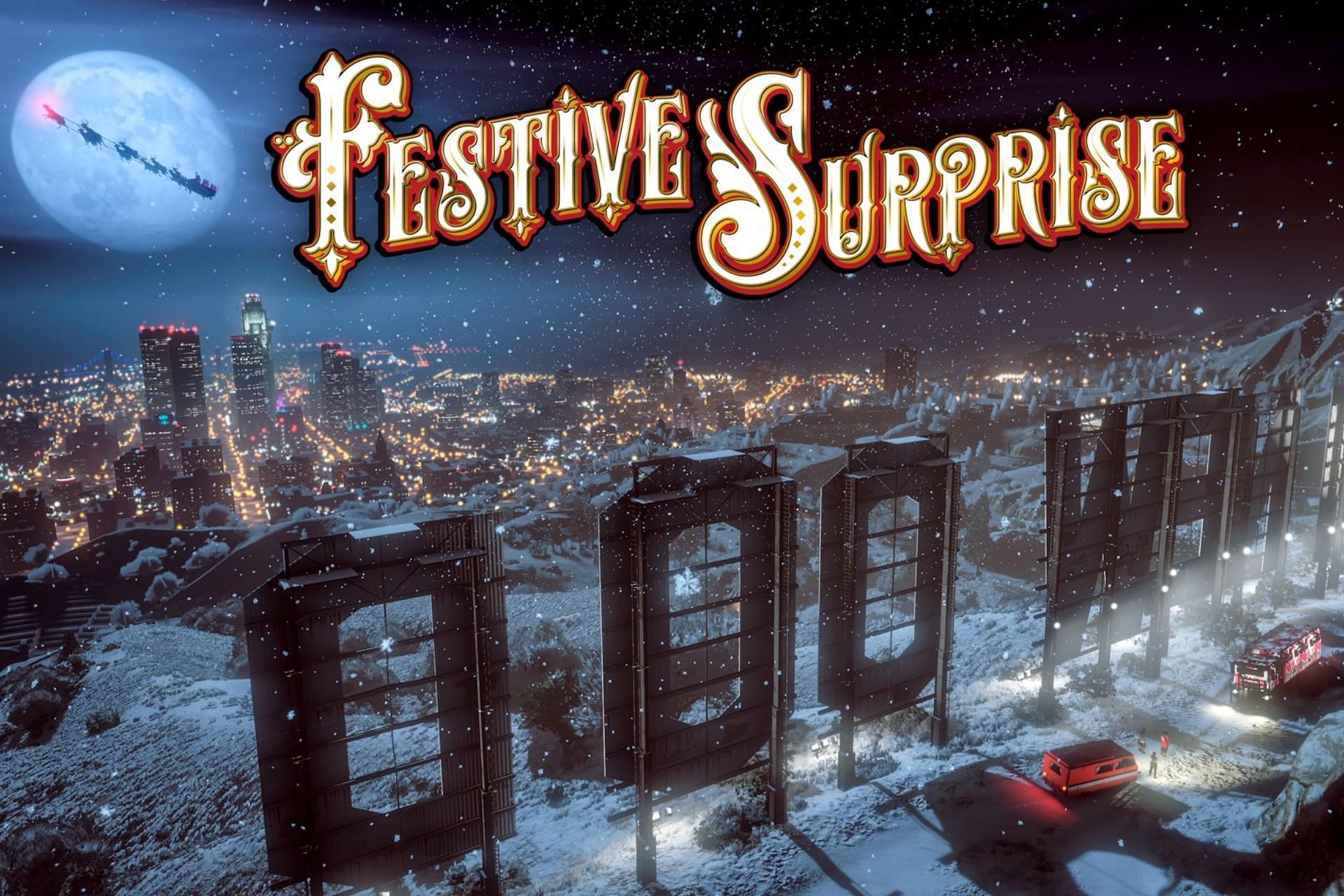 Santa Claus, Brickade 6x6 truck, Journey 2, Dax, Luchadora, and Labrat as seen in the official GTA Online Festive Surprise cover picture (Image via Rockstar Games)