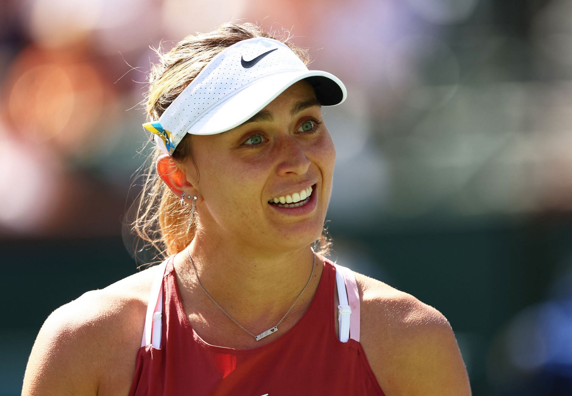 Paula Badosa reacts during her BNP Paribas Open campaign.