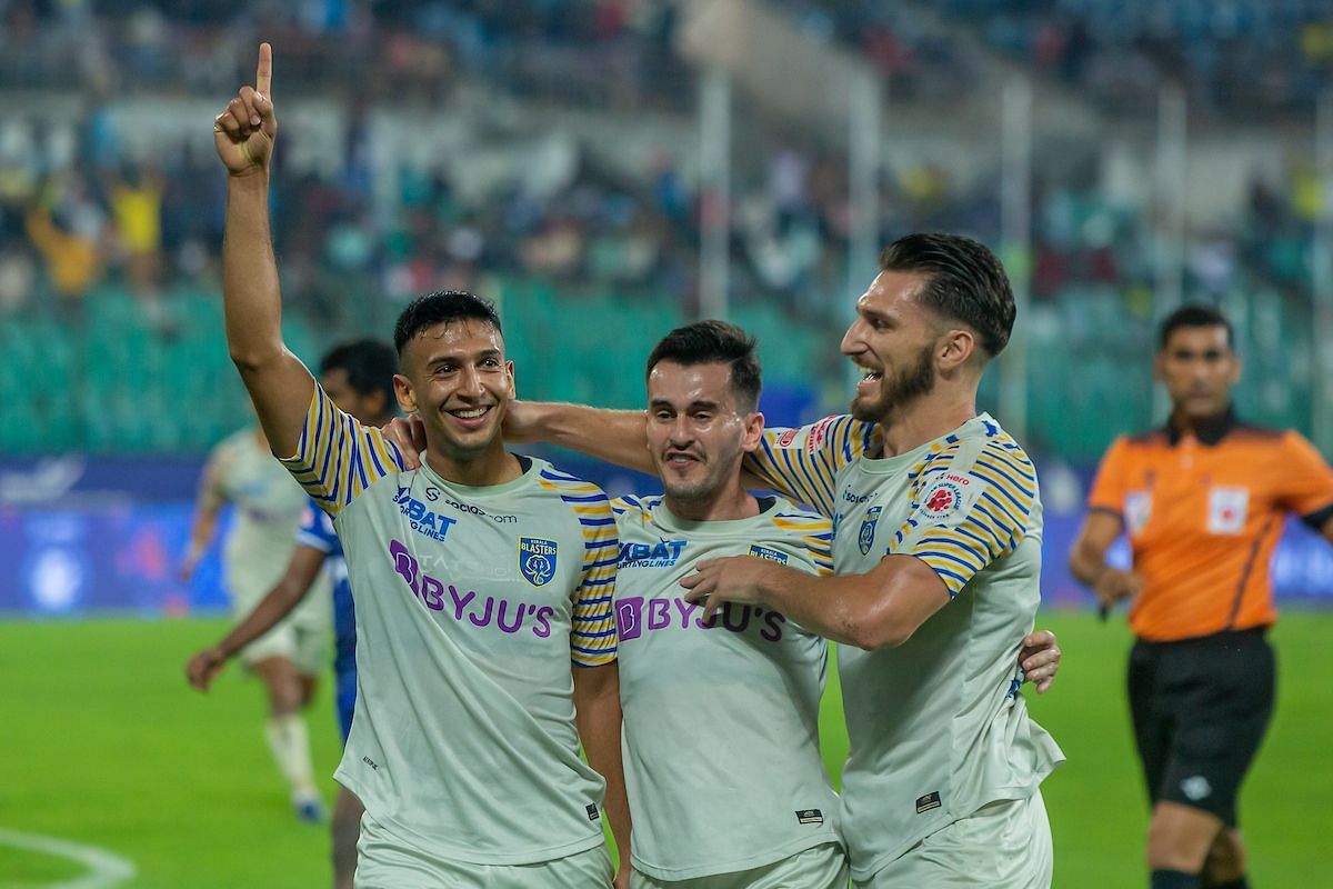 Sahal Abdul Samad celebrates with teammates after scoring for Kerala Blasters FC against Chennaiyin FC.