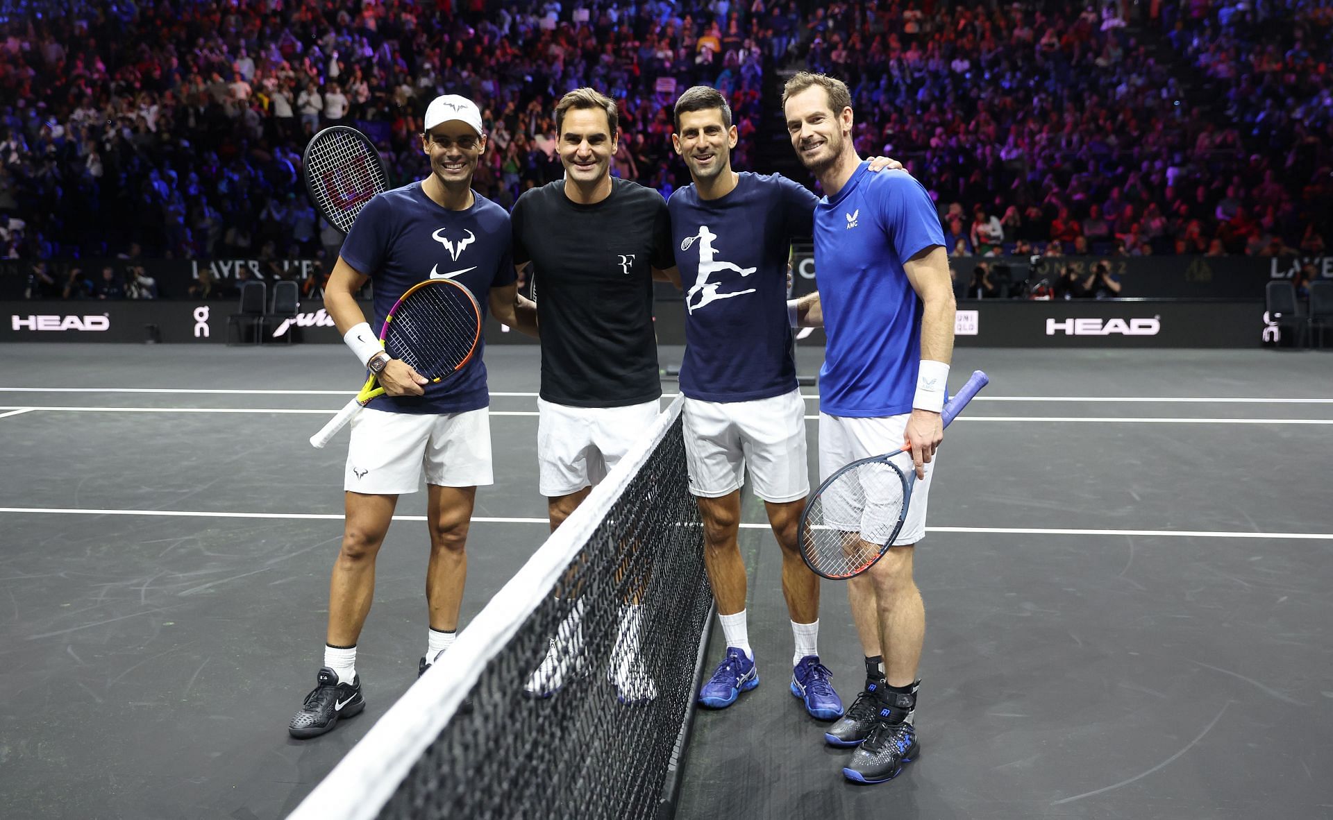 Federer, Nadal, Djokovic, and Murray during a practice session at the Laver Cup