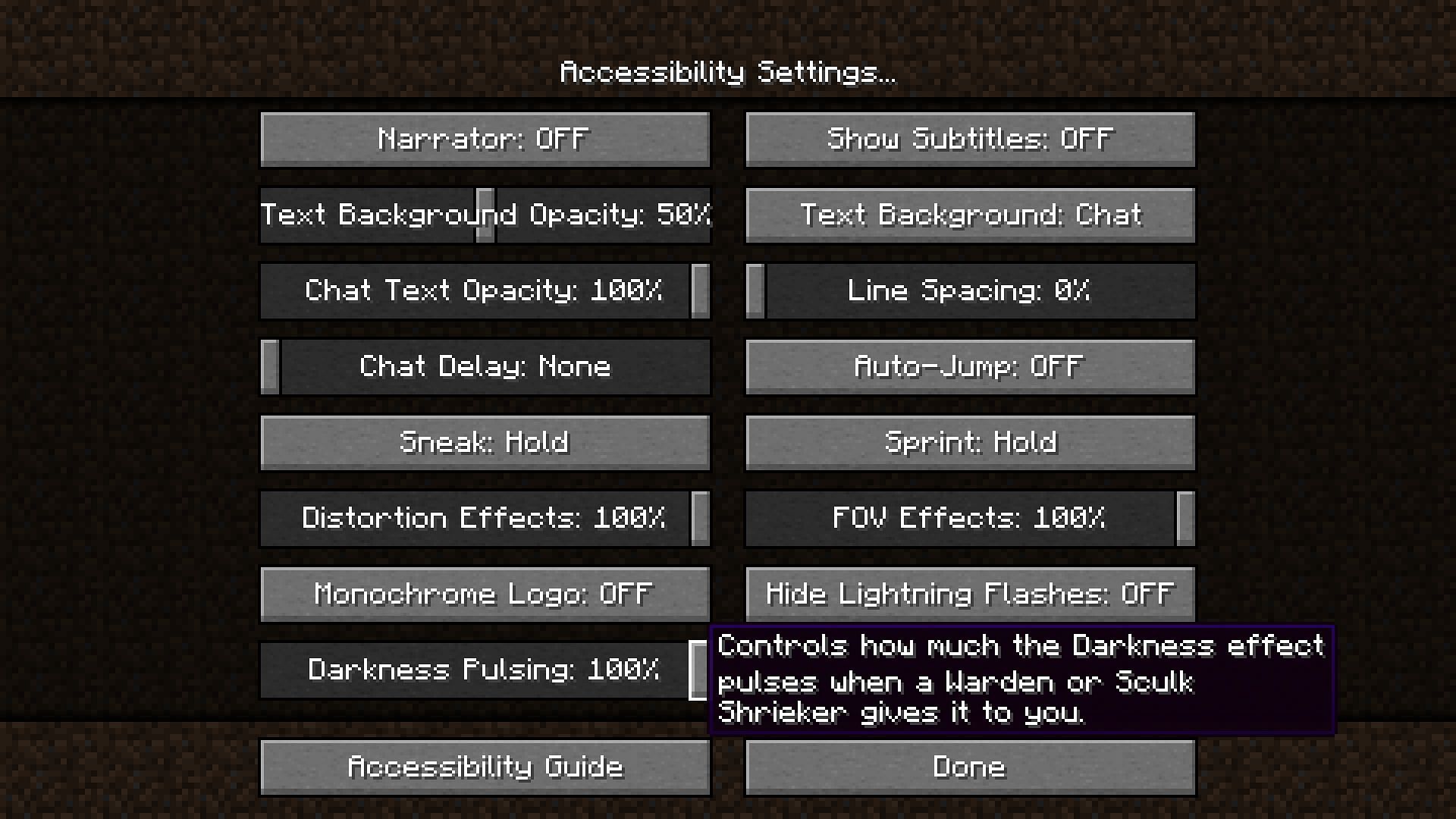 Dark pulsing can be turned off from accessibility settings in Minecraft 1.19 (Image via Mojang)