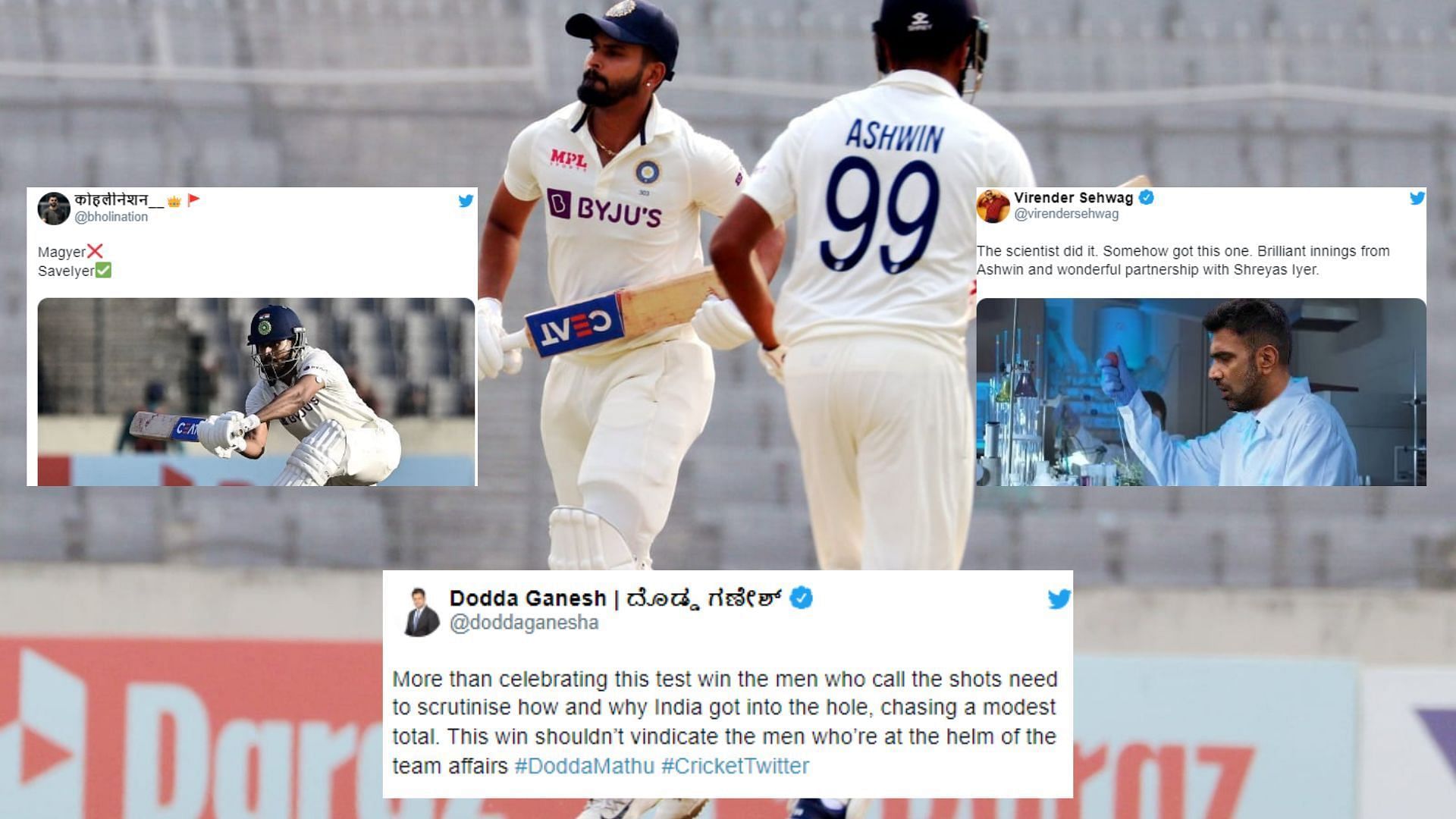 Shreyas Iyer (29*) &amp; Ravichandran Ashwin (42*) dug India out of a hole on Sunday. (P.C.:Twitter)