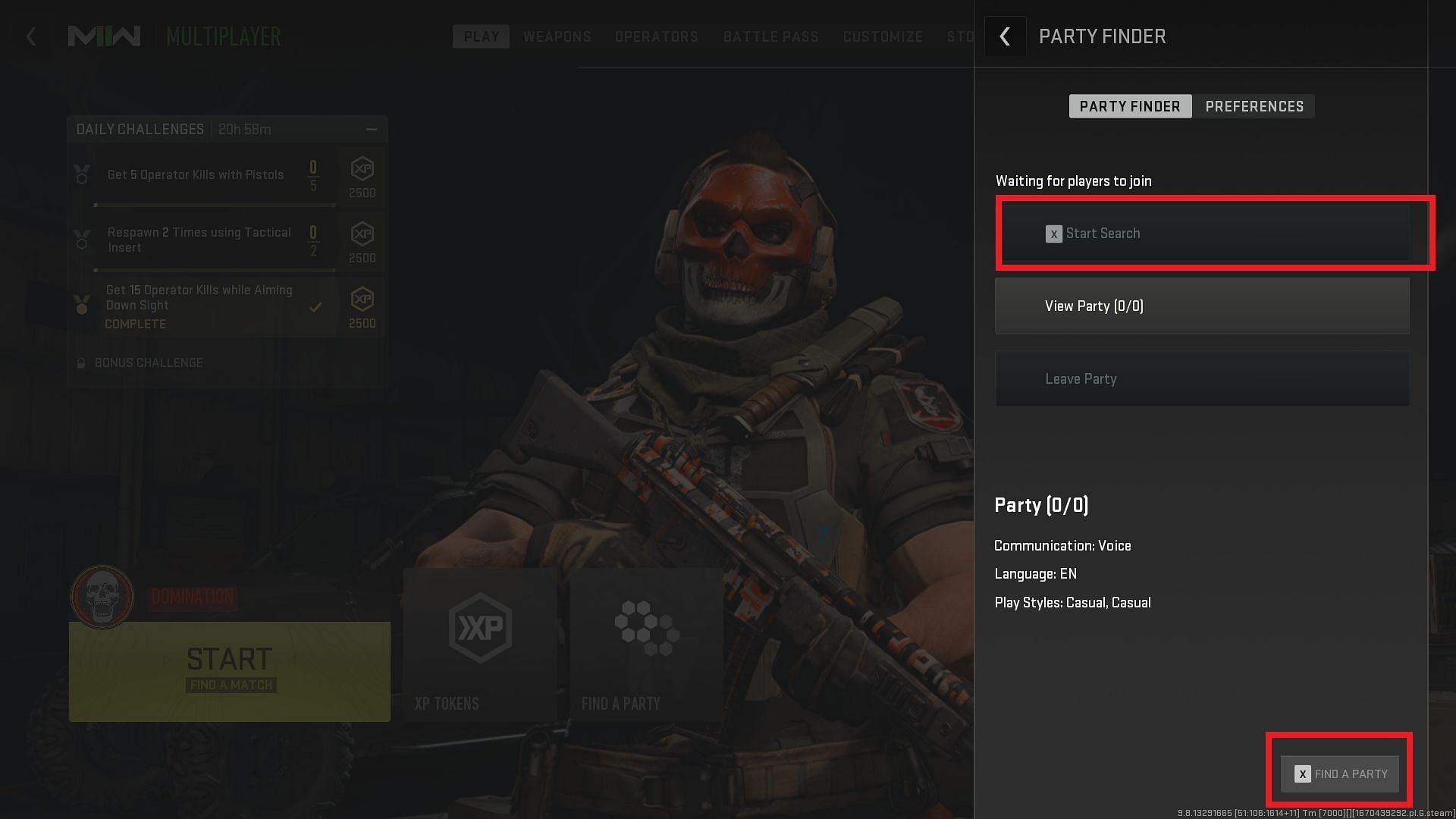 The Start Search option is grayed out in the Party Finder (Image via Activision)