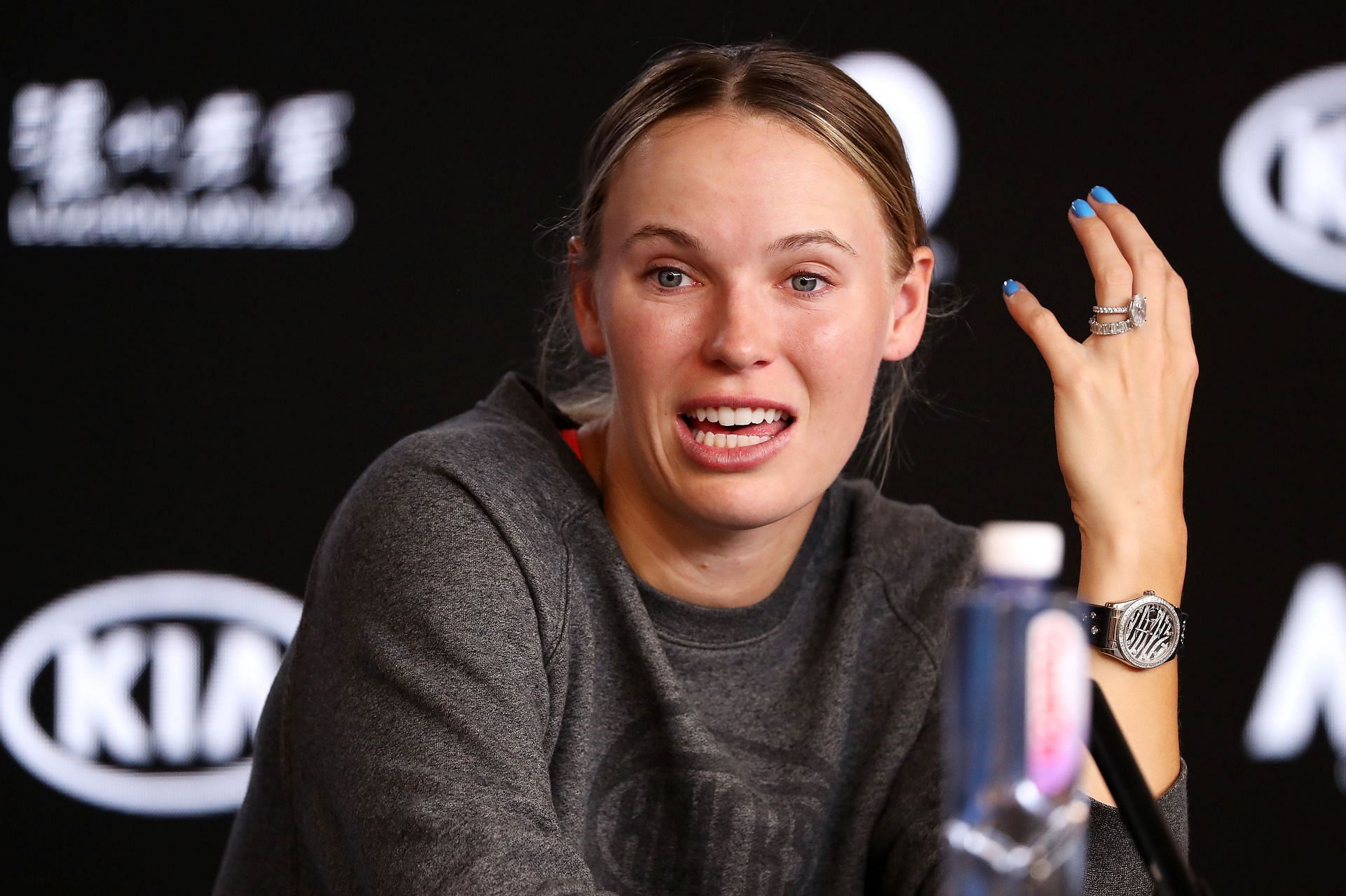 Caroline Wozniacki pictured during a press conference.