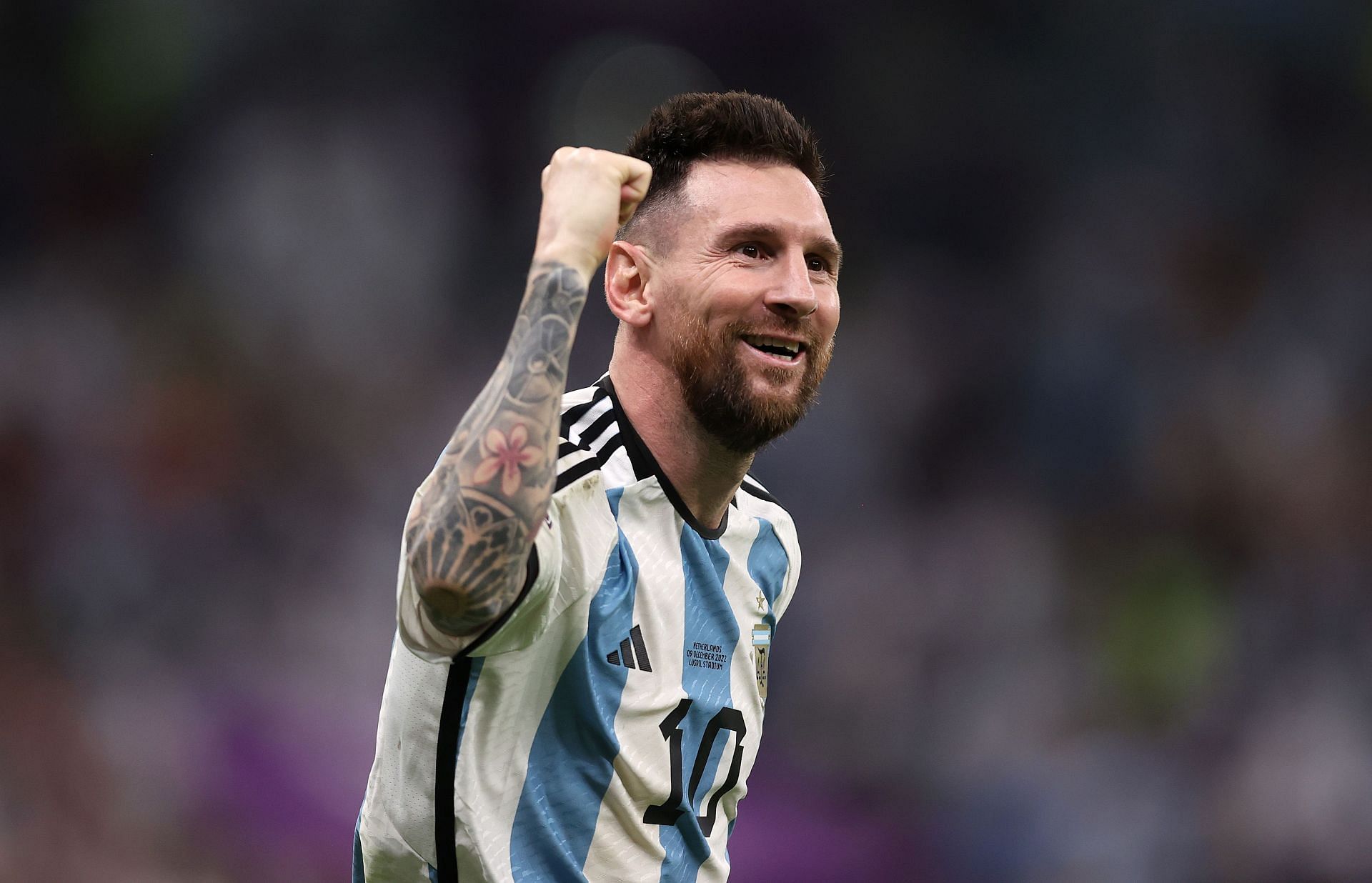 Lionel Messi celebrates during the Netherlands v Argentina Quarter-Final at FIFA World Cup Qatar 2022.