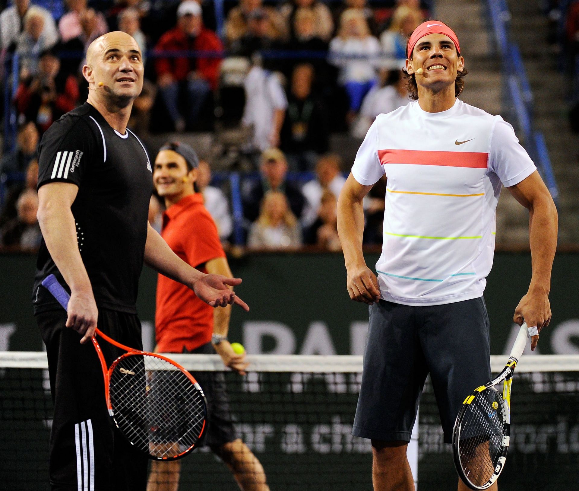 Rafael Nadal and Andre Agassi during an exhibition match in 2010.