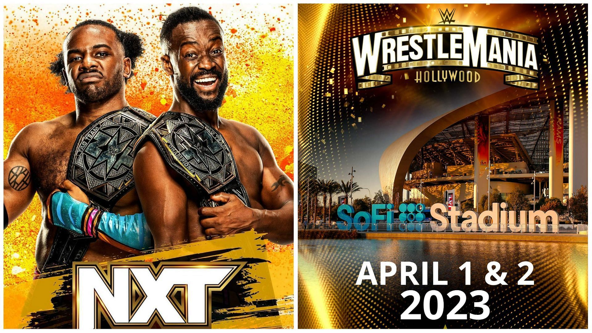 The New Day as NXT Tag Team Champions (left), An advertisement for WWE WrestleMania 39 (right)