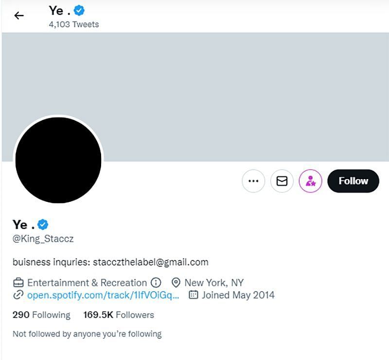 Image showing the Twitter account details for Ye. (image via Twitter/ @Ye.)