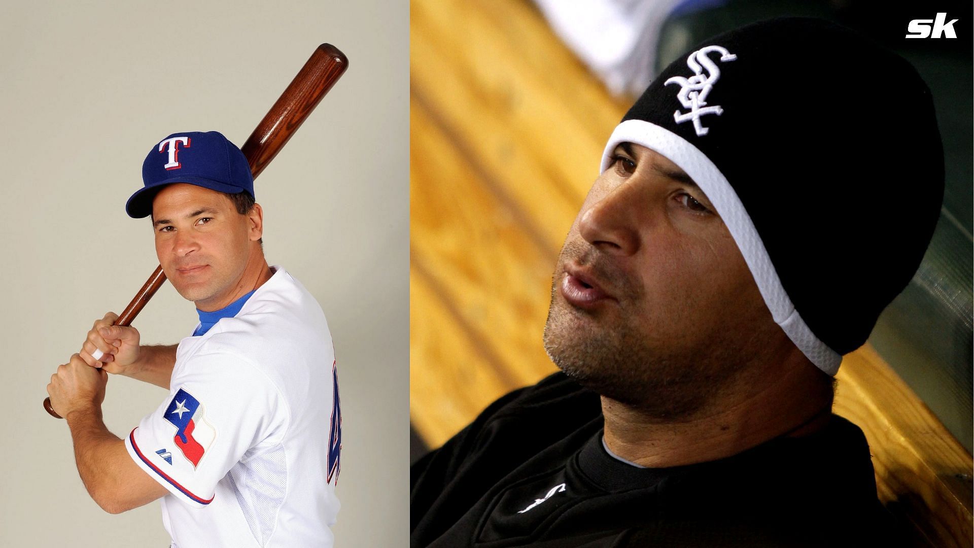 SURPRISE, ARIZONA - FEBRUARY 24: Omar Vizquel #13 of the Texas Rangers during photo day at Surprise Stadium on February 24, 2009 in Surprise, Arizona. (Photo by: Harry How/Getty Images); Omar Vizquel #11 of the Chicago White Sox sits in the dugout as he watches their game against the Kansas City Royals in the third inning at Kauffman Stadium on September 17, 2011 in Kansas City, Missouri. (Photo by Ed Zurga/Getty Images)