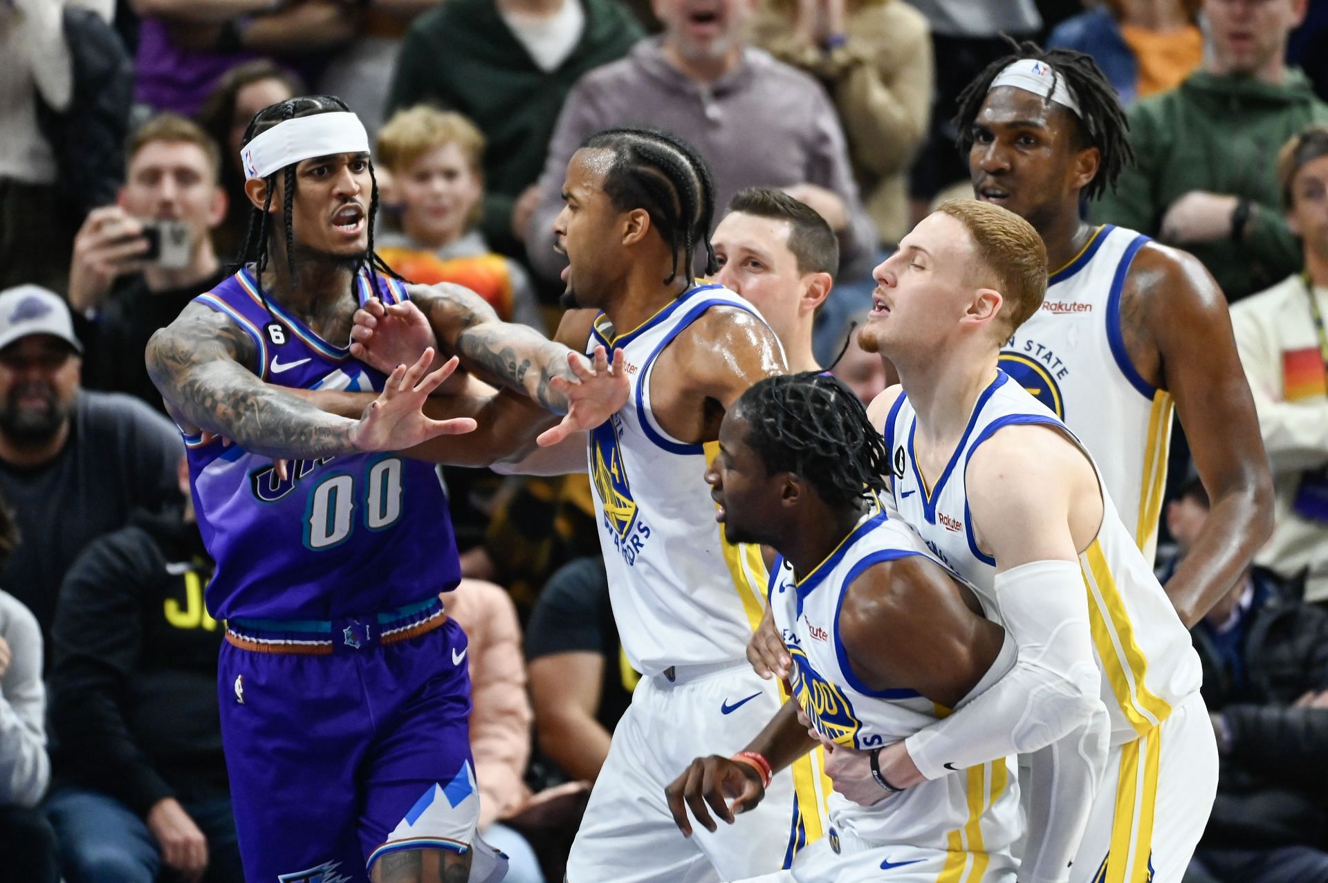 Utah Jazz guard Jordan Clarkson and Golden State Warriors forward Jonathan Kuminga&#039;s late-game scuffle