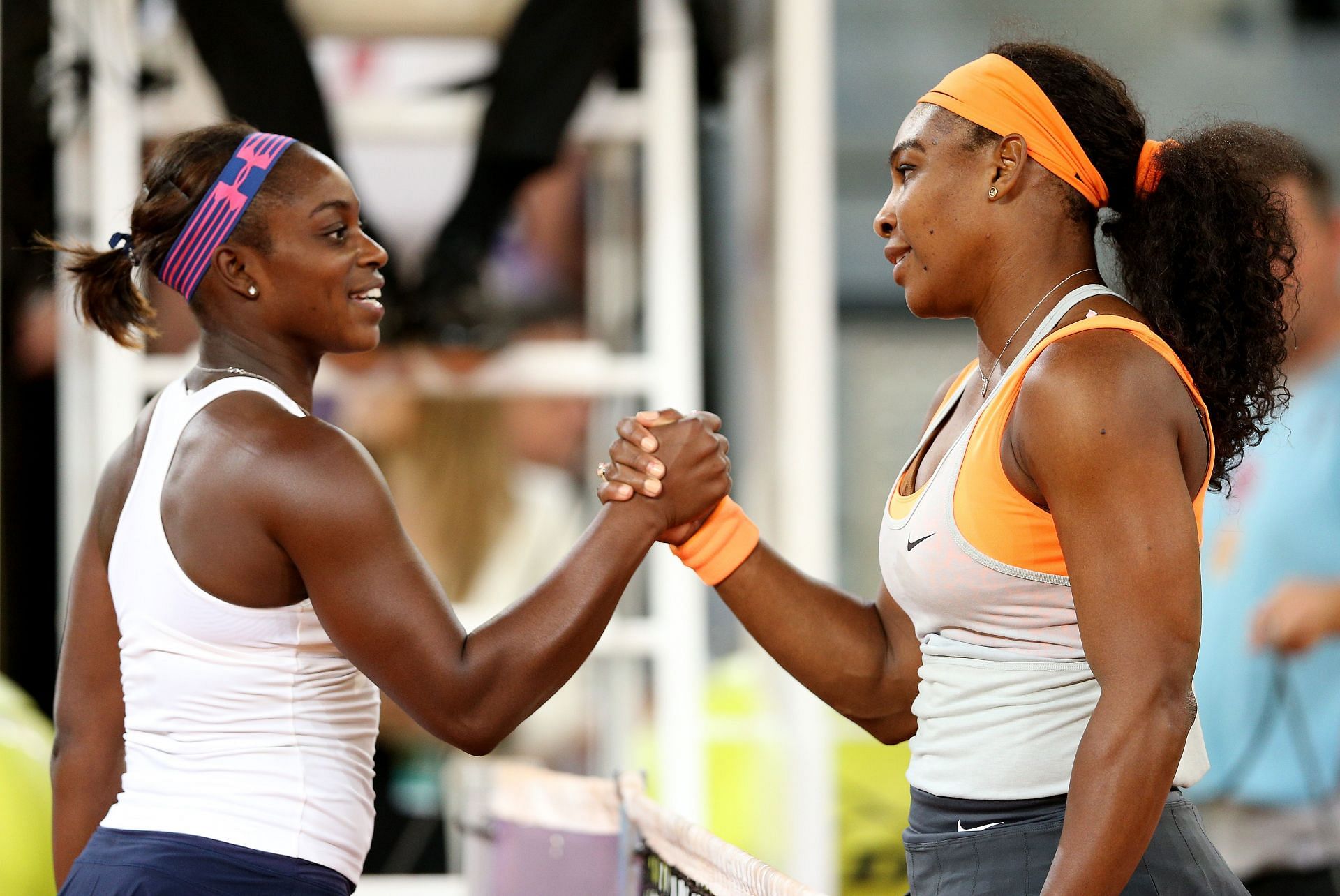 Sloane Stephens and Serena Williams at the 2015 Madrid Open.