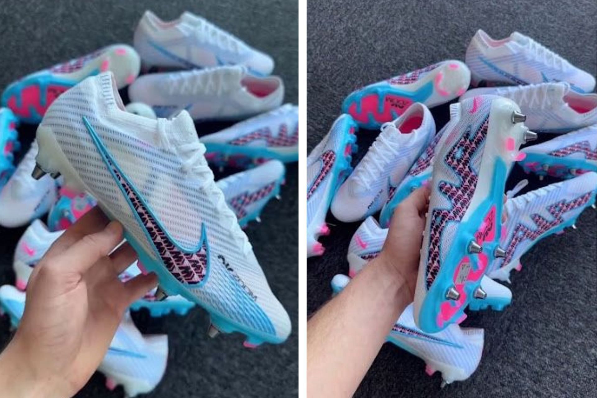 Take a closer look at the Nike Zoom Mercurial White/Baltic Blue/Laser Pink football boots (Image via Instagram/@bwbootsuk)