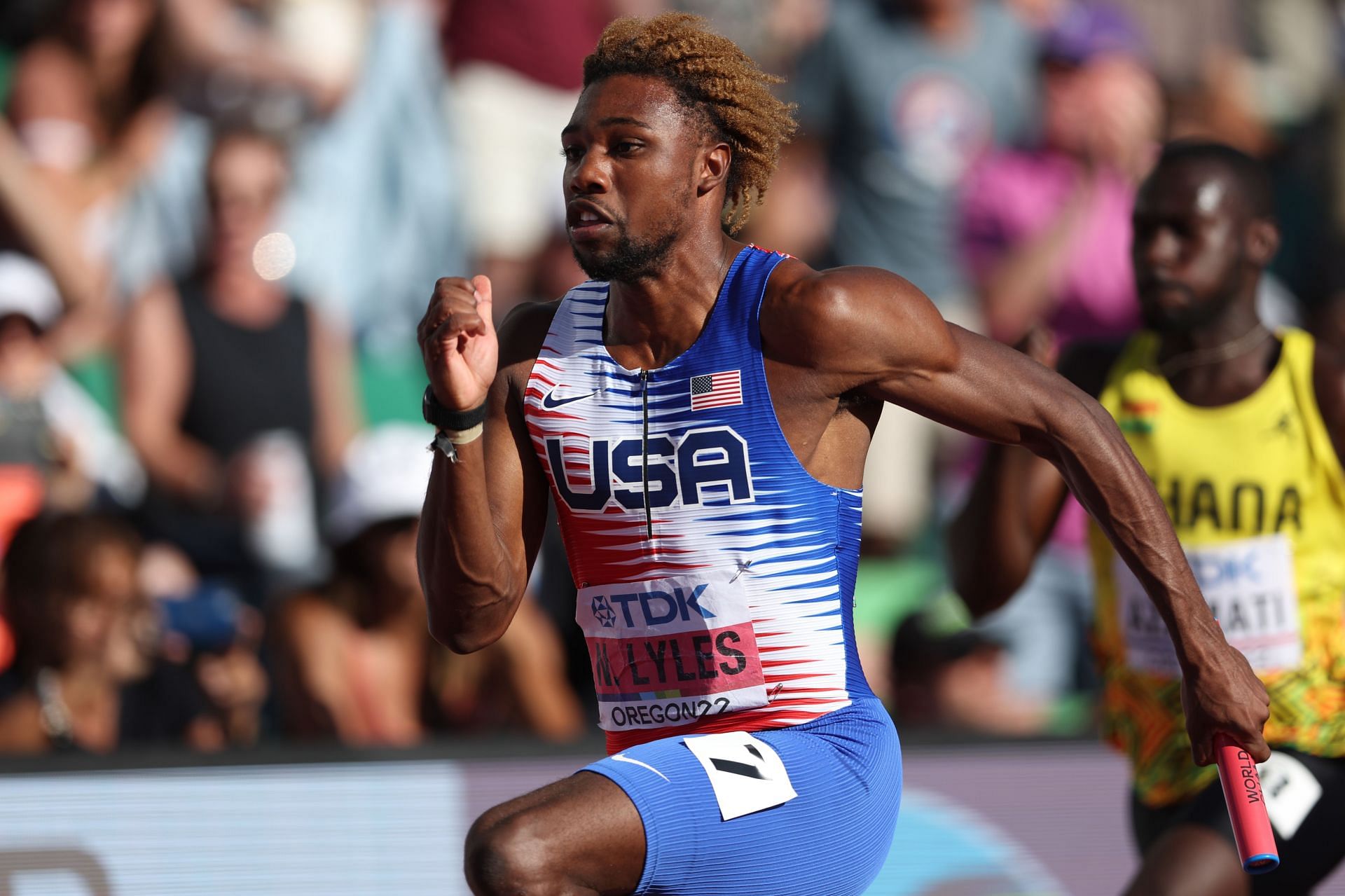 Noah Lyles competes in the Men&#039;s 4x100m Relay at World Athletics Championships Oregon22