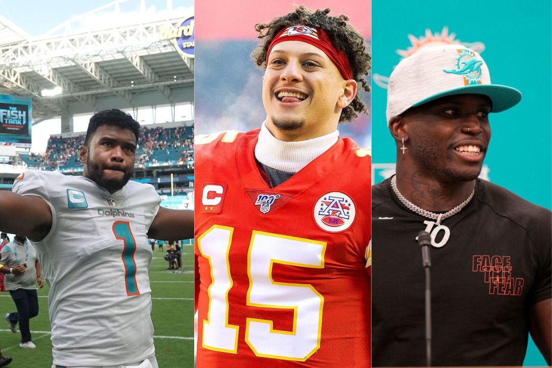 Dolphins QB Tua Tagovailoa (l), Chiefs QB Patrick Mahomes (m) and Dolphins WR Tyreek Hill (r)