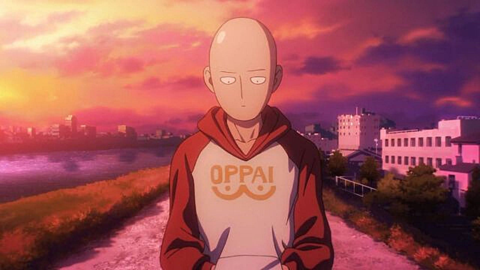 Saitama wearing the &#039;oppai&#039; hoodie in One Punch anime (Image via Madhouse)