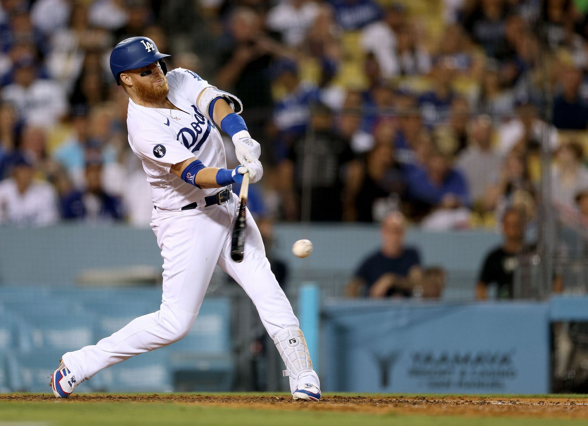 Justin Turner at bat during a 2-1 win over the Miami Marlins at Dodger Stadium