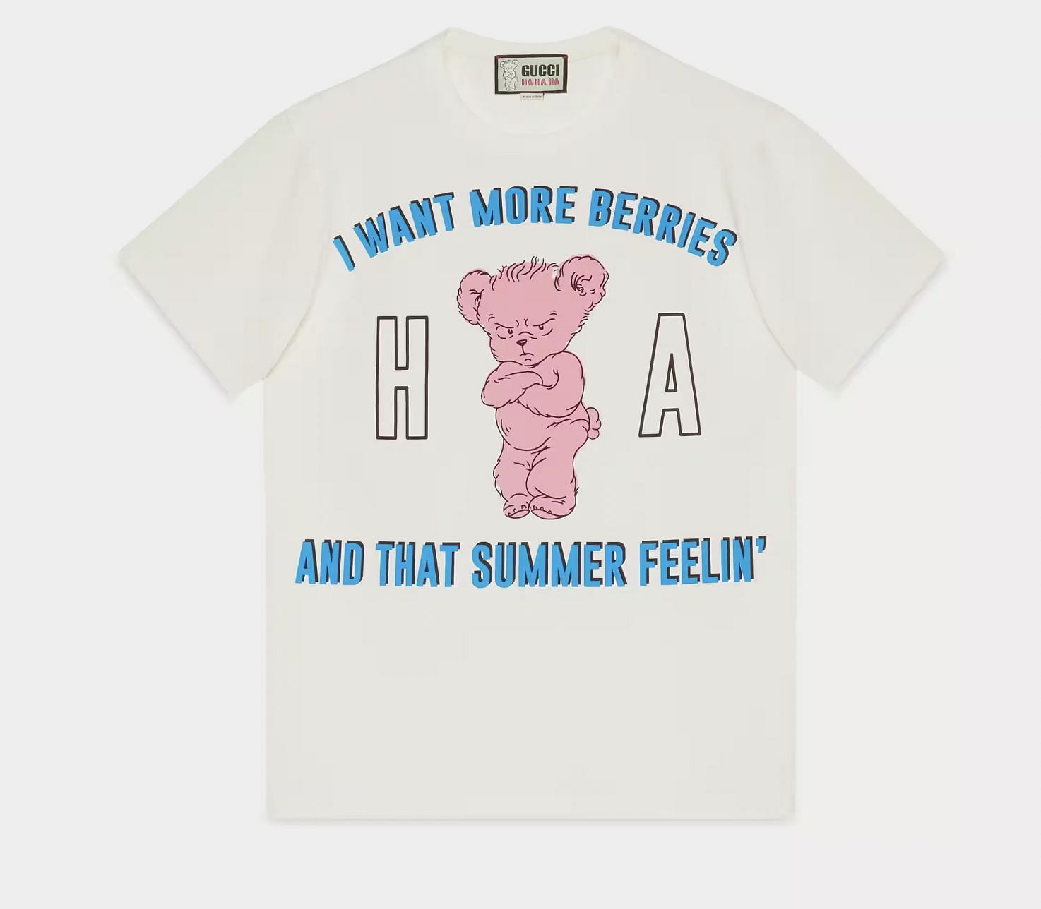 The Gucci HA HA HA T-shirt features lines from Harry Styles&#039; Watermelon Sugar, that reads &quot;I want more berries, and a summer feeling.&quot; (Image via Gucci)