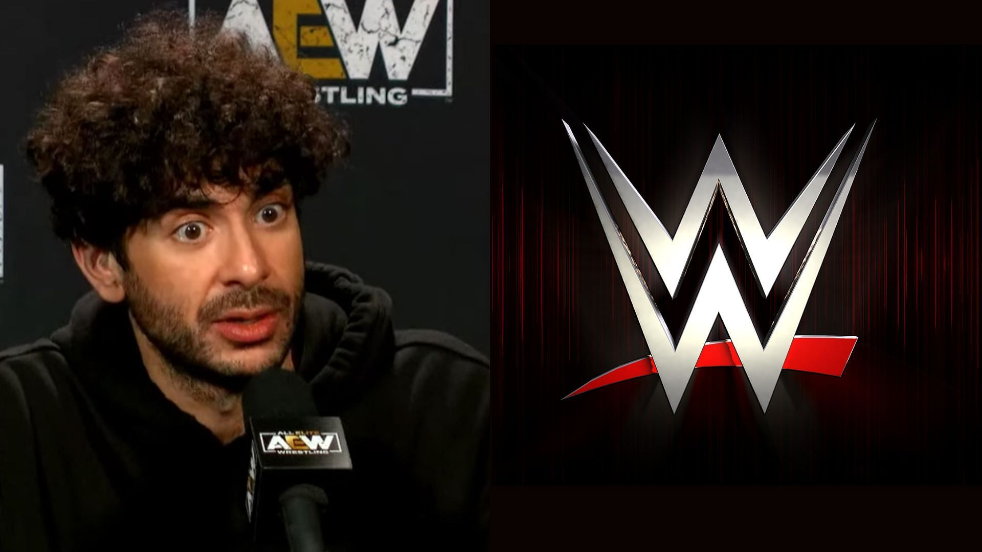 Tony Khan (left), WWE logo (right)