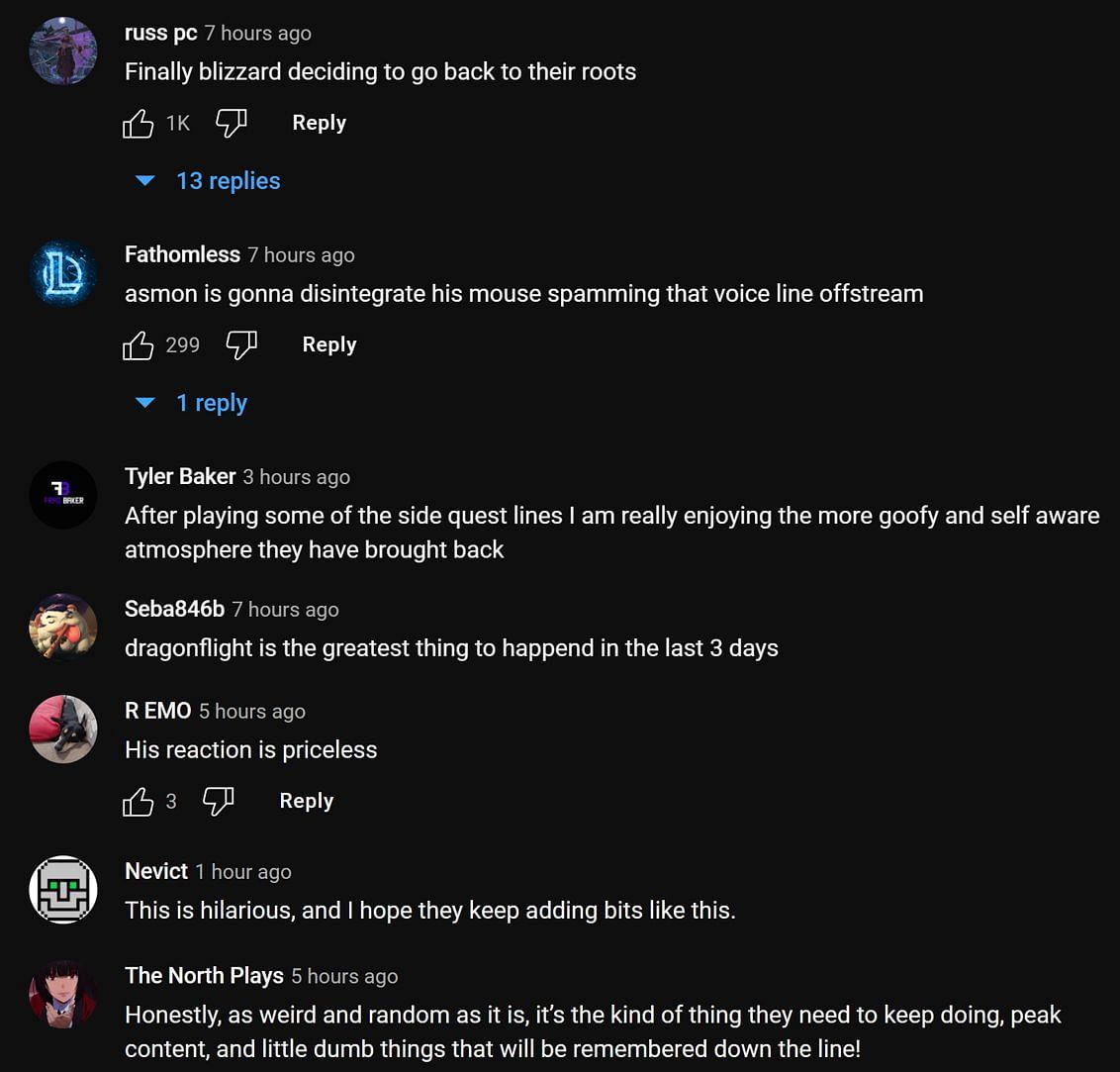 Fans in the YouTube comments section reacting to Alexstraza&#039;s dialogs in World of Warcraft: Dragonflight (Images via Asmongold Clips/YouTube)