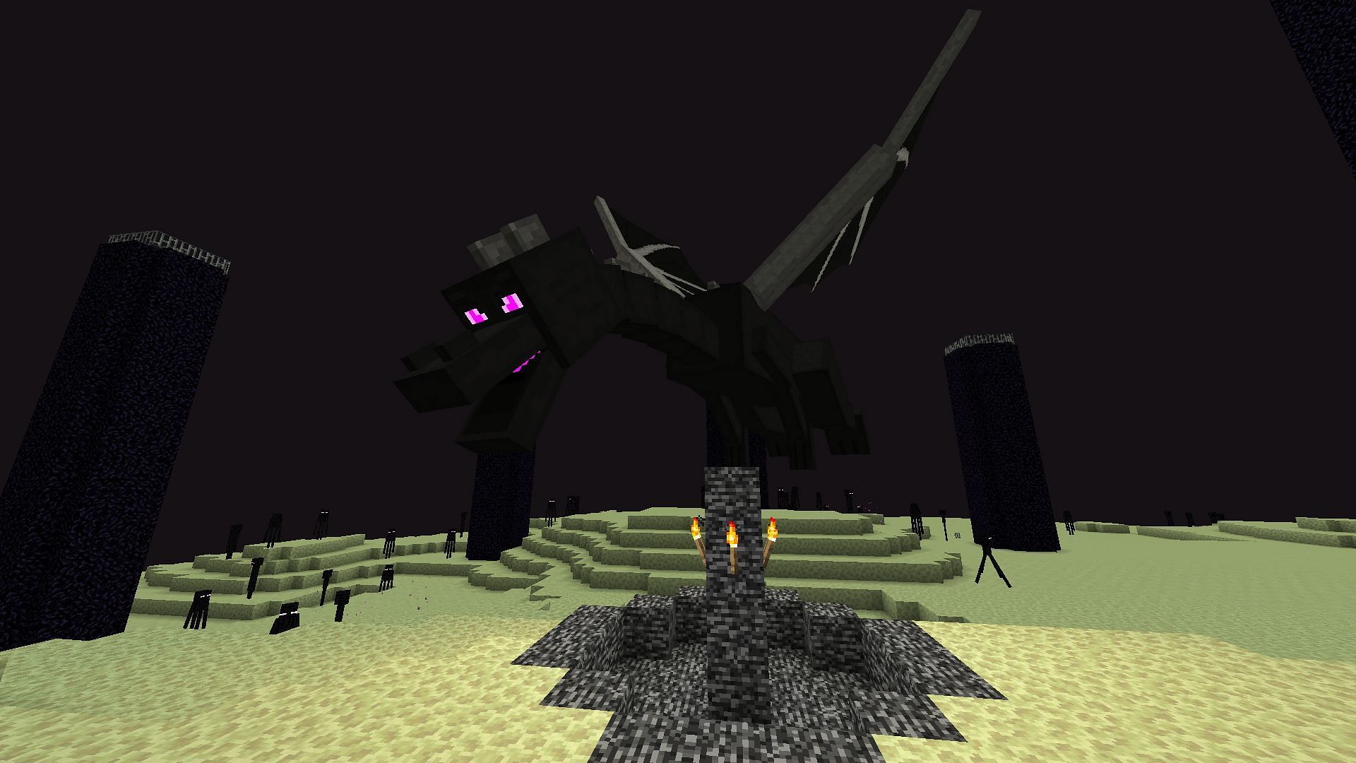 Players will instantly start the fight against Ender Dragon after entering the End realm in Minecraft (Image via Mojang)