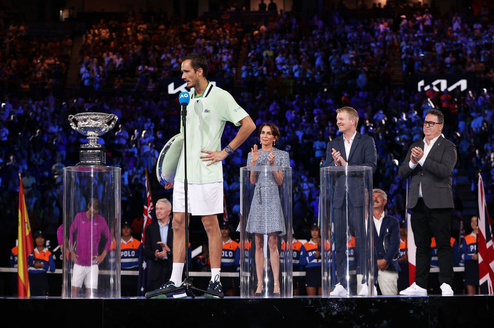 Medvedev accepts his runners-up trophy at the 2022 Australian Open