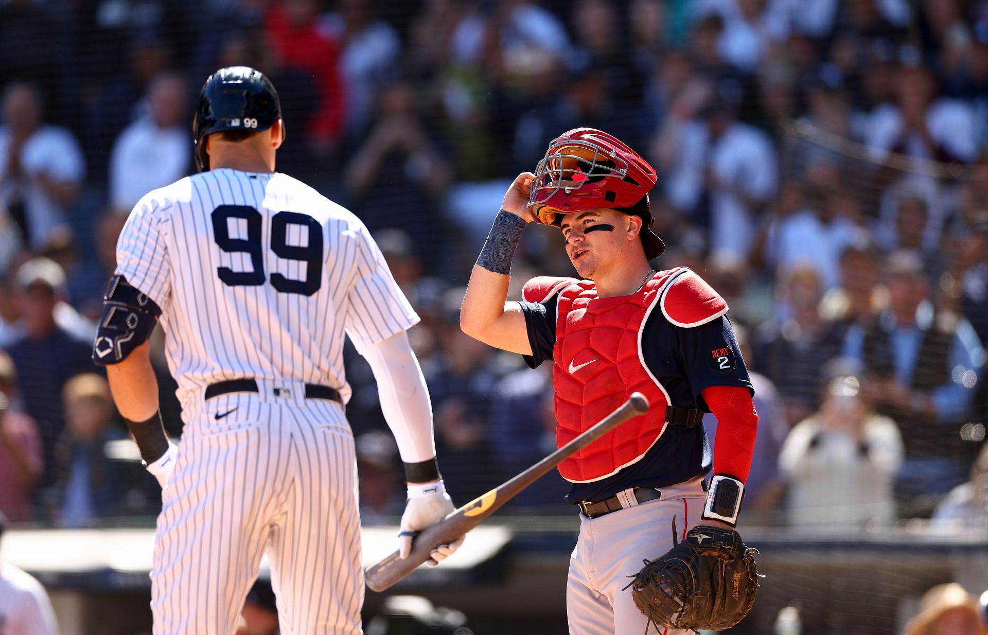 Reese McGuire talks with Aaron Judge of the in the first inning at Yankee Stadium