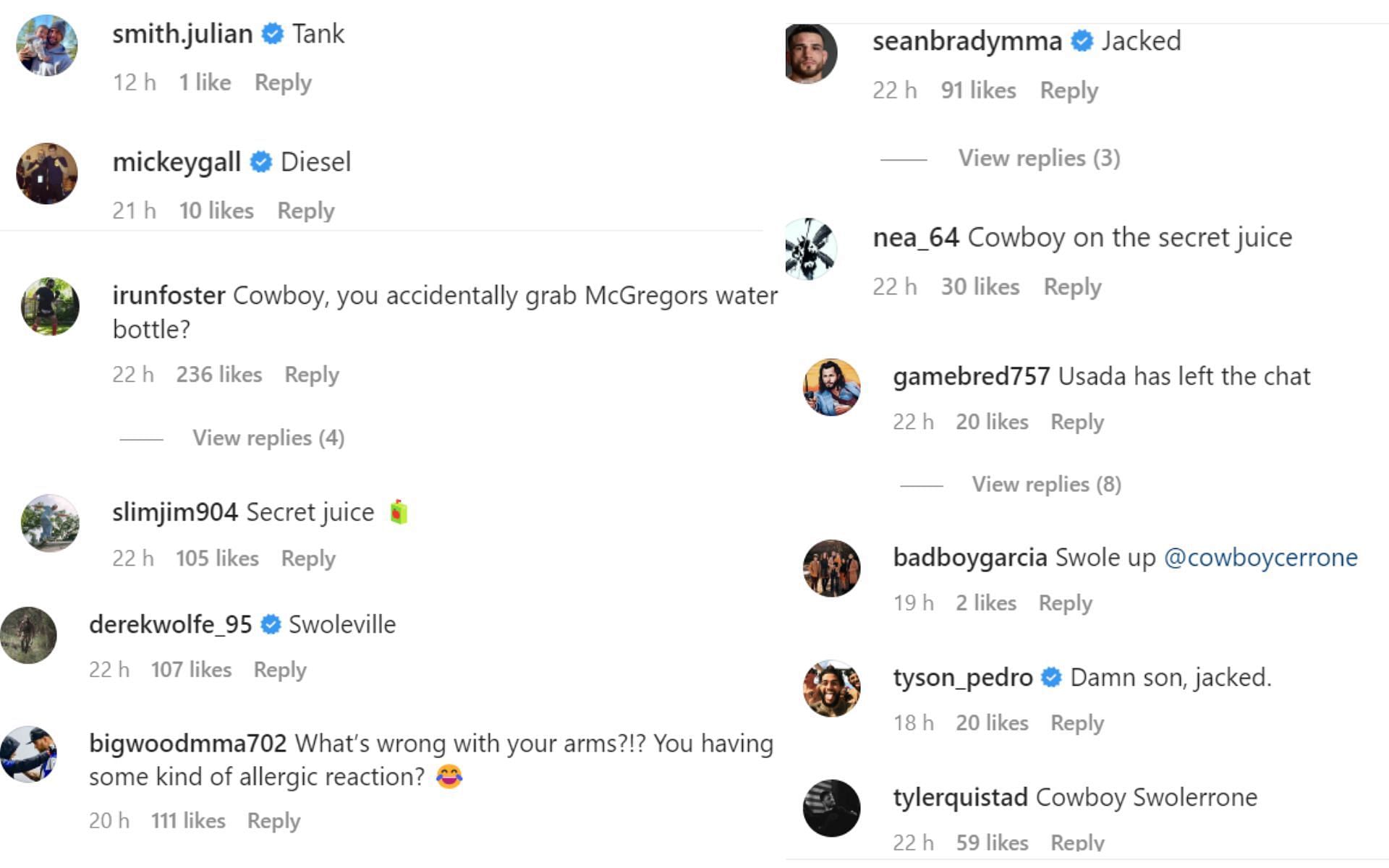 Screenshots of fans&#039; comments on Donald Cerrone&#039;s Instagram post