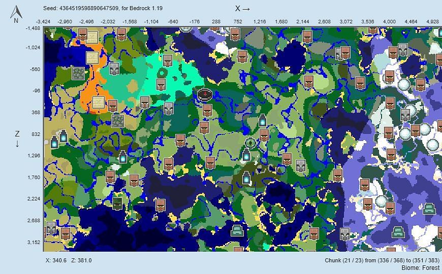 This seed has multiple villages and a stronghold right near the spawn point (Image via Chunkbase)