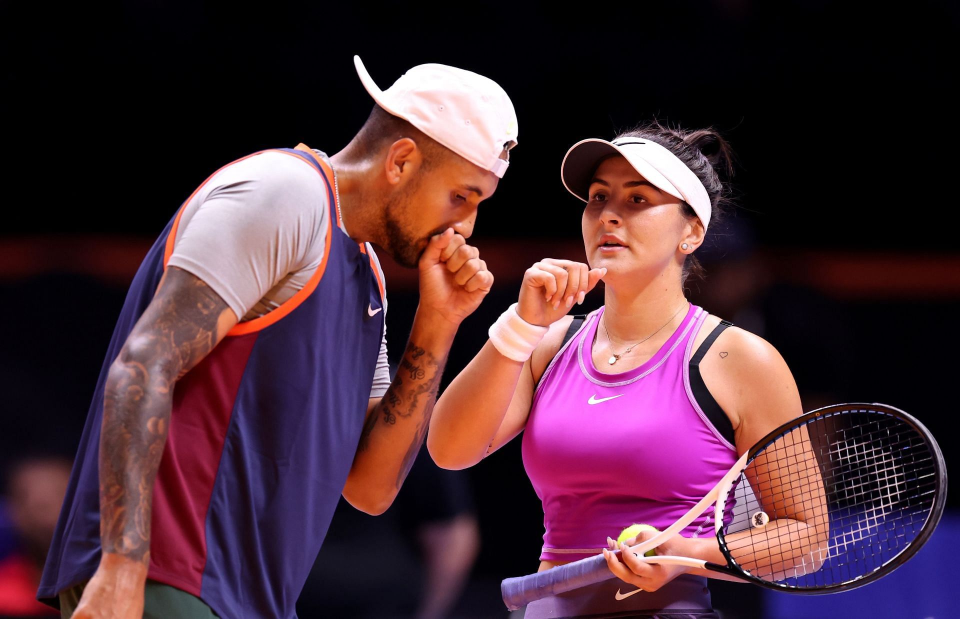 Nick Kyrgios of Eagles speaks to Bianca Andreescu during their mixed doubles match at the World Tennis League